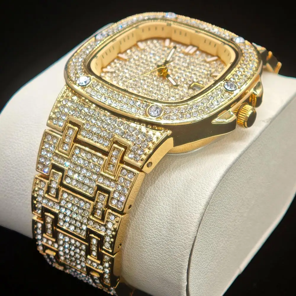 Męski zegarek na rękę 2025 Nowa Moda Lodowy Luksusowy Stal Nierdzewna Złoty Kwarcowy Zegar Męski Hip Hop Diamentowy Bling Prezent Dropshipping