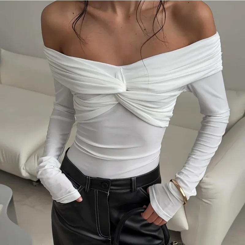 

Ticketsx Women's Off Shoulder Tops Fashion New White Twisted Patchwork Long Sleeve Slim Top Elegant Spring Streetwear Female Top