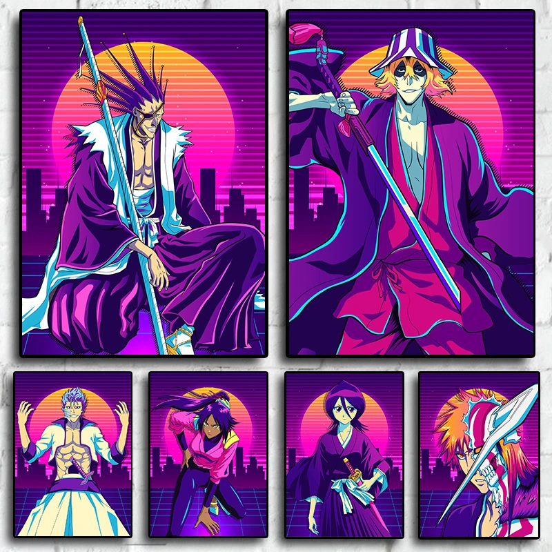 Pop Anime Figure Bleach Posters 80s Vaporwave Kenpachi Gotei Manga Decoration Canvas Painting Wall Art Picture Kawaii Room Decor