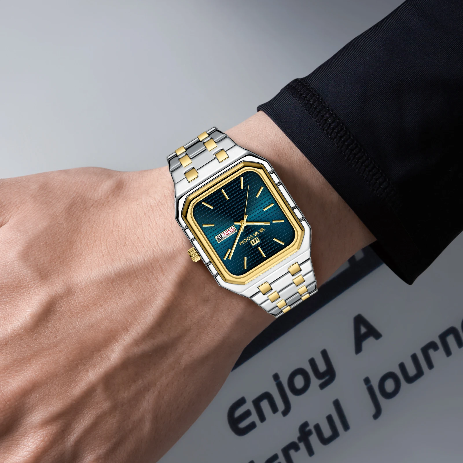 ساعة رجالية مربعة مع حزام من الفولاذ المقاوم للصدأ للأعمال الفاخرة العصرية باللون الأزرق والذهبي الأصلي بتقويم مزدوج كوارتز للرجال