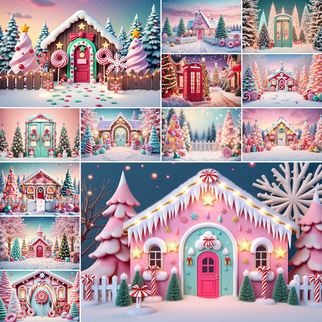 

MOON.QG Pastel Christmas Background Snow Xmas Trees Candy Photography Backdrop Poster Wallpaper Party Decorations Photozone