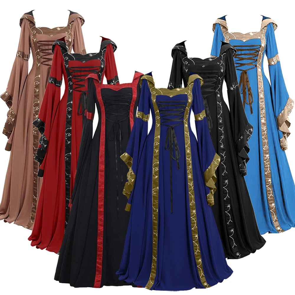 

Medieval Retro Renaissance Cosplay Costume Solid Color Dress for Women Outfit Halloween Carnival Party Performance Suit Roleplay