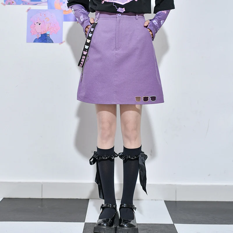 

Womens Harajuku High Waist Gothic Kawaii Mini Skirt Purple Teen Girls Punk Streetwear Cute Bear Casual Fashion Short Skirts