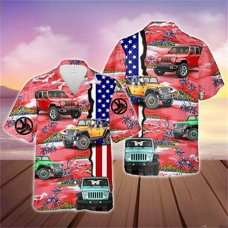 Breathable retro car print shirt Men\'s Hawaiian button shirt Men\'s seaside casual lapel short sleeved shirt Summer fashion shirt