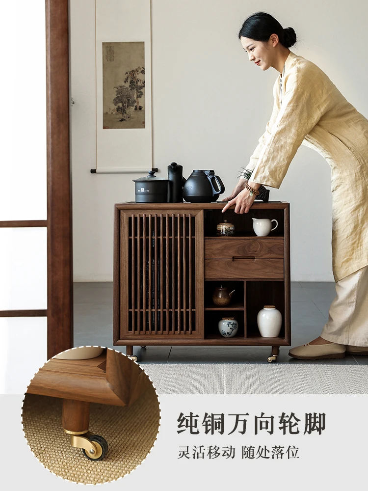 New Chinese mobile tea cabinet Solid wood black walnut tea table Tea side cabinet Boiling cabinet Kettle integrated side table