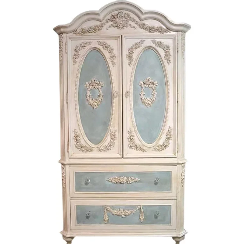 American retro wardrobe oak solid wood hand-carved multi-functional French old bedroom large wardrobe whole house