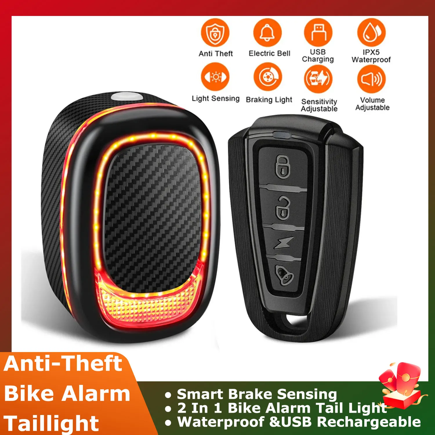 ไฟท้ายจักรยานควบคุมระยะไกล 115dB พร้อมระบบกันขโมยแบบสั่นสะเทือน กันน้ำ ไร้สาย พร้อมเซ็นเซอร์เบรกสำหรับจักรยานและมอเตอร์ไซค์