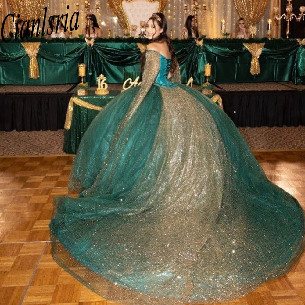 Sparkly Emerald Green Shiny Quinceanera Jurk 2023 Met Cape Baljurk Mouwloze Corset Vestido De 15 Anos