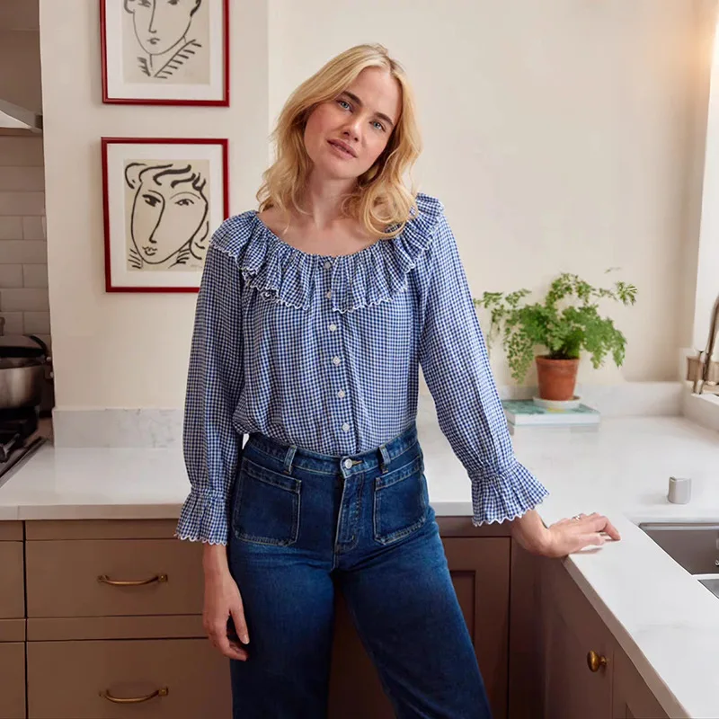 

【Gift Free】2026 Early Spring Vintage Blue Gingham Ruffle Large Round Neck Bell Sleeve Single-Breasted Shirt Women