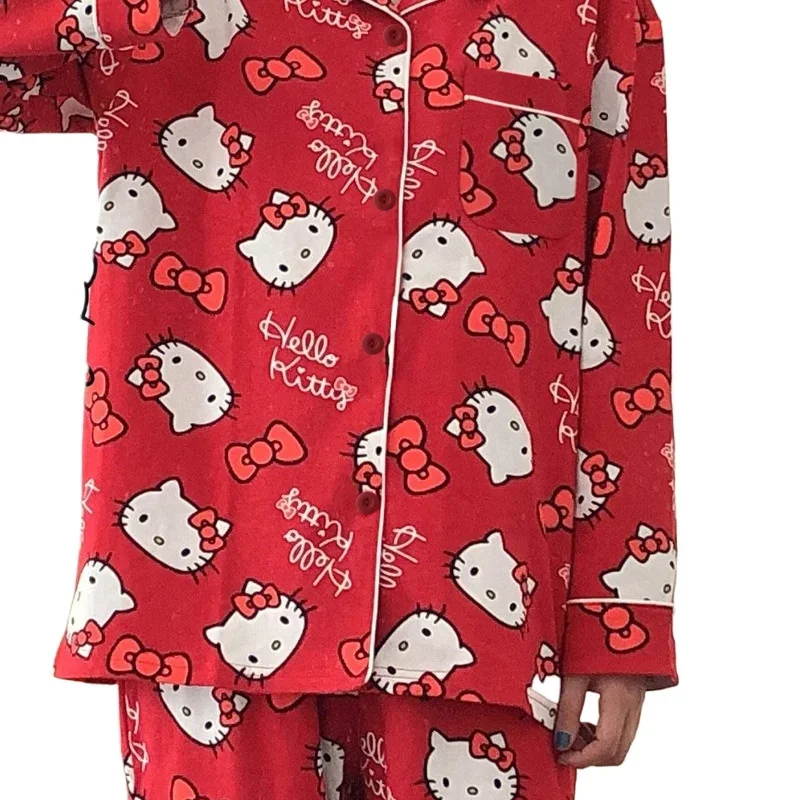 Cartoon Hello Kitty Cute Lapel Design Pajamas Red Sweet Wearable Home Clothes Wholesale Cartoon Anime Character Kawaii Pajamas