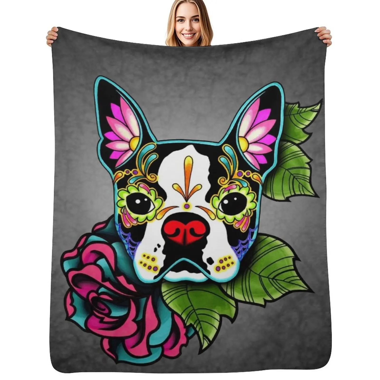 

Boston Terrier in Black - Day of the Dead Sugar Skull Dog Throw Blanket Men's Soft Warm Throw Blanket for Couch