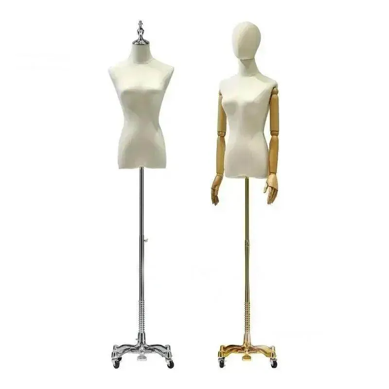 Women's Clothing Store Dedicated Female Mannequins with Solid Wood Arm Linen Body Model Display Stand Mannequins Adjustable w