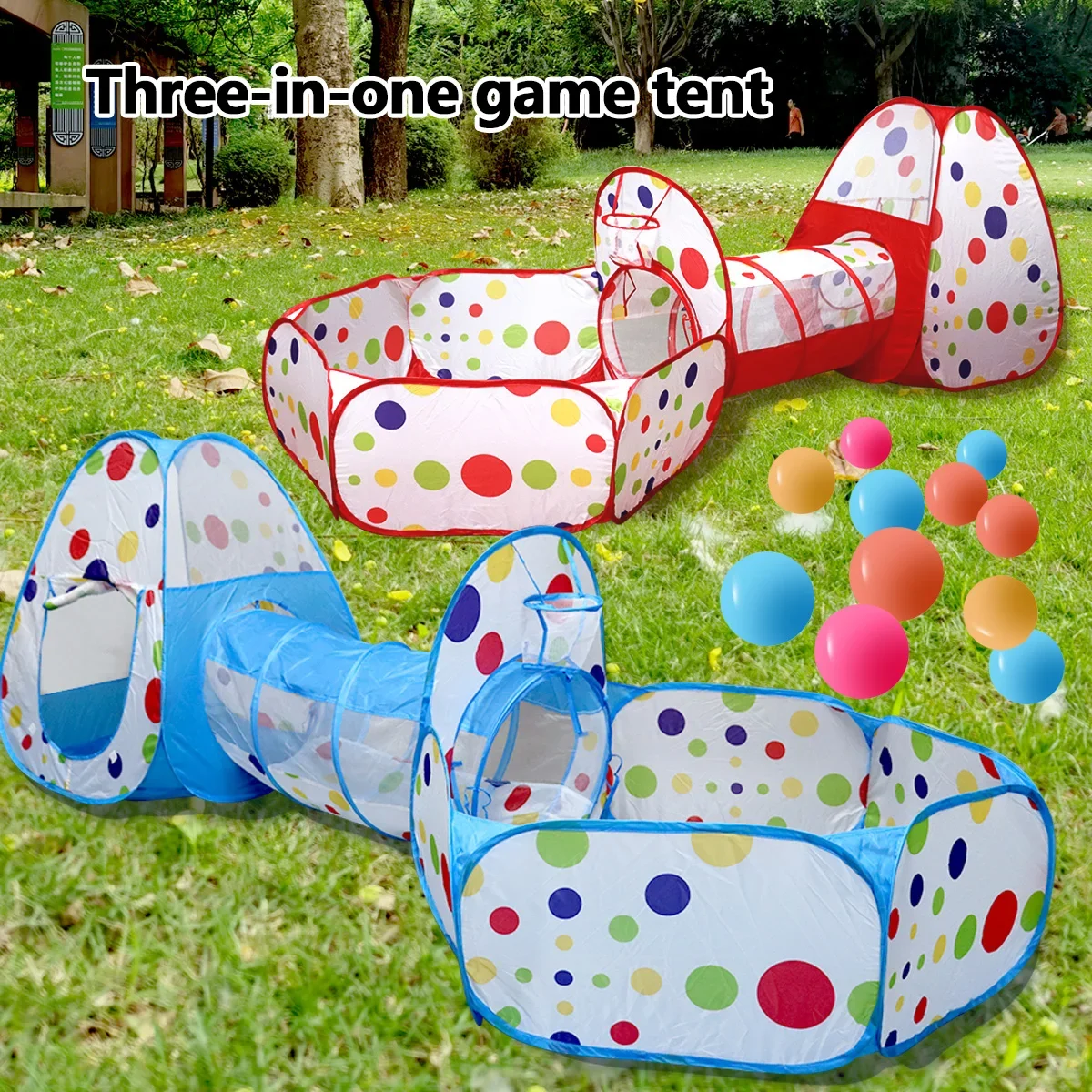 

Large game house tent with crawling tunnel and ball pool, foldable with storage bag, durable, suitable for children to crawl