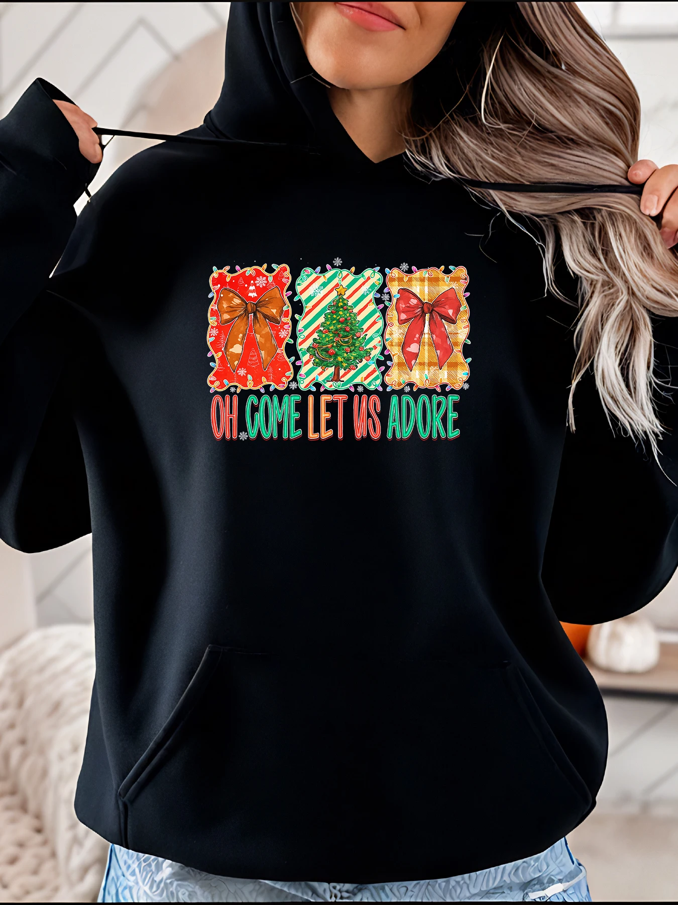 Moletom com capuz de Natal Oh Come Let Us Adore Print Suéter feminino de férias Presente de Natal para mulheres Moda de Natal