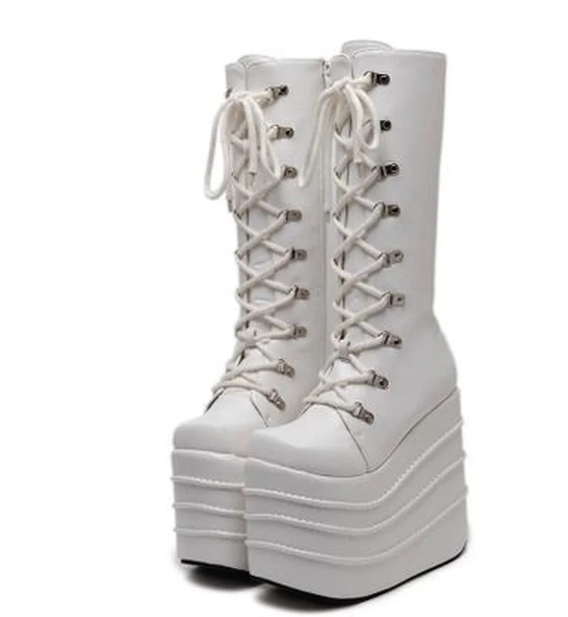 Size 35-43 Botas Mujer Plataforma Winter Womens Boots Punk Style White Wedge High Heel Boots Lace Up Wedge Platform Boots