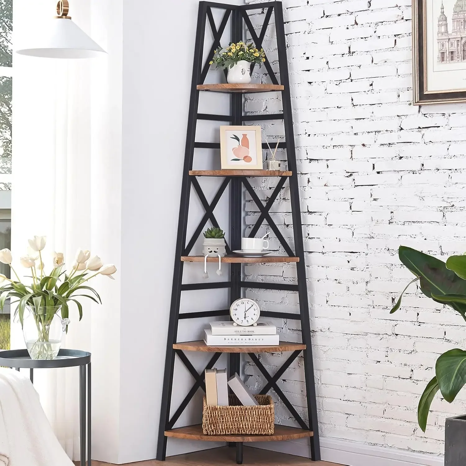 Corner Shelf,72 Inch Tall Corner Bookshelf,5 Tier Tall  Ladder Shelf with Metal Frames,Multifunctional  Sh