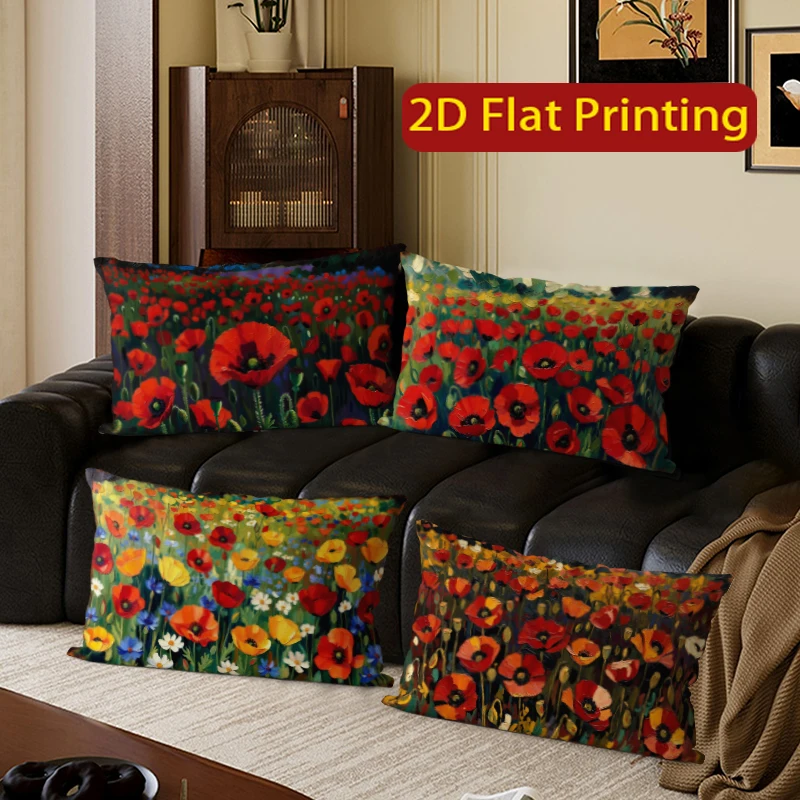 Vintage Poppy Field Lendenkissenbezüge, geeignet für Sofa, Schlafzimmer, Auto, Kissenbezug, rechteckiges Rückenkissen