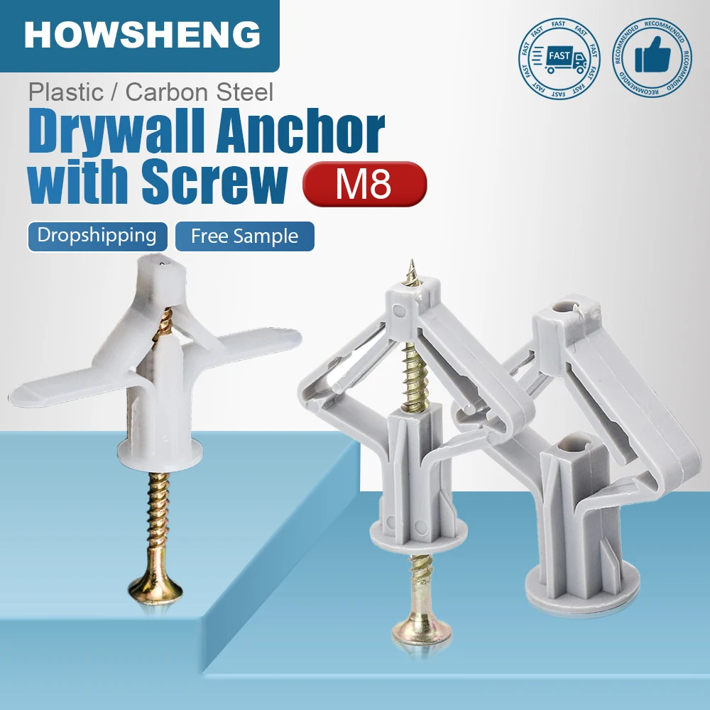 

HOWSHENG Butterfly Aircraft Type Expansion Drywall Anchor with Screw M8 Plastic Self Drilling Wall Home Pierced for Gypsum Board