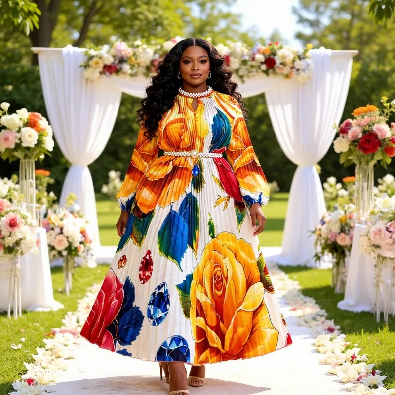 

Miyake Pleated New 2026 Spring and Autumn Pleated Printed Beaded Fashion Lantern Sleeve Pleated Large Size Dresses for Women