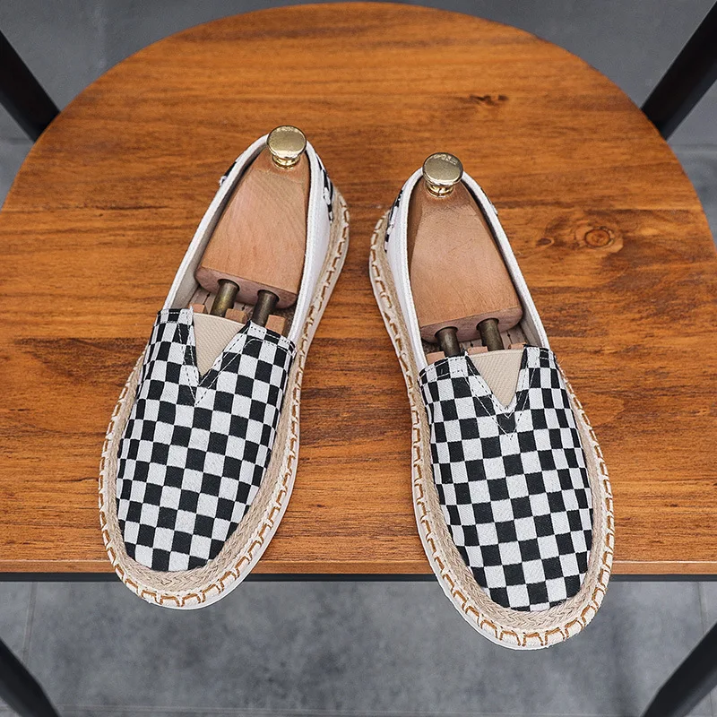 2024 Men Canvas Casual Shoes for Man Spring Summer Fashion Checkered Flat Fisherman Shoes New Design Slip-on Loafers