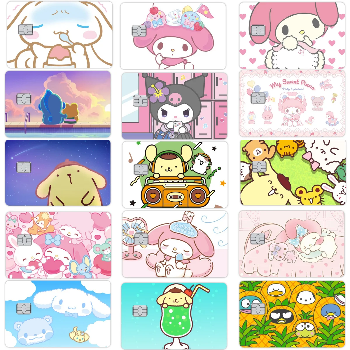 

Kawaii Cartoon Kuromi Cinnamoroll Hangyodon Anime Film Skin Cover Credit Card Stickers Debit Card Melody Front Decor Waterproof