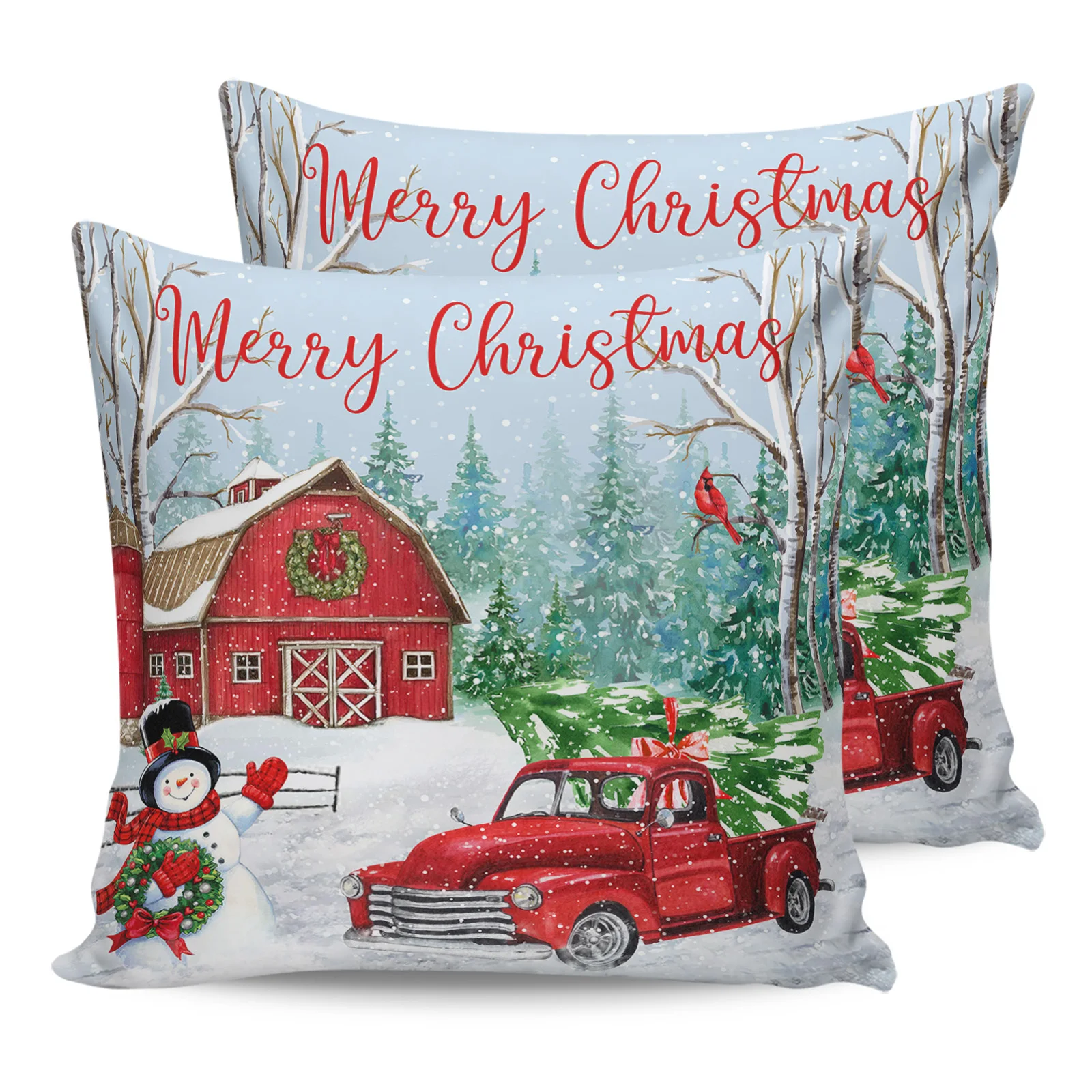 Christmas Farm Red Barn Snowman Car Tree Bird 2/4PCS Outdoor Garden Waterproof Cushion Cover Home Decor 45/50/60cm Pillow Case