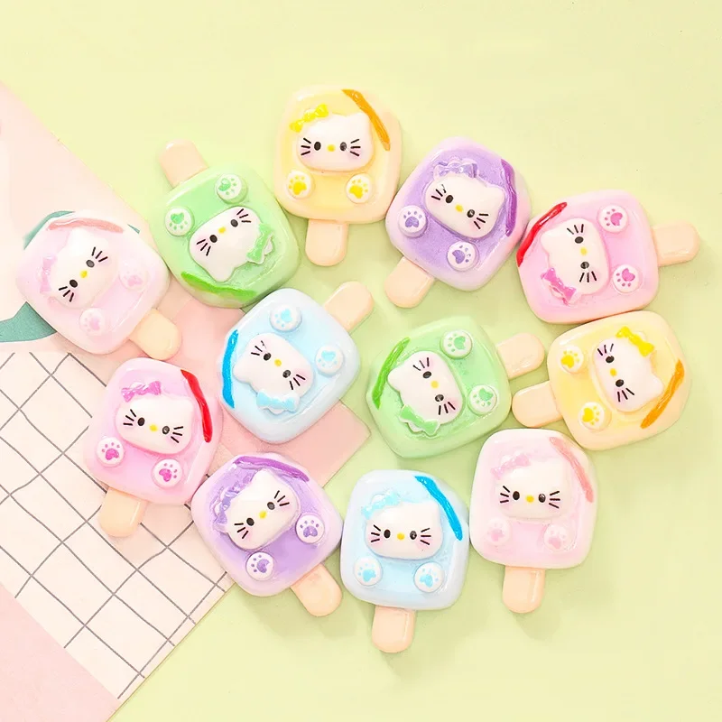 5pcs Cartoon medium hello kitty cat popsicle ice cream Resin Flatback Cabochons Diy Crafts Materials Jewelry Making Charms