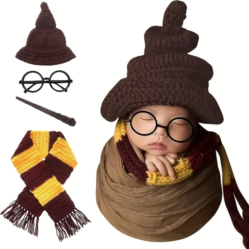 Baby Photo Costume Wizard Hat Glasses Scarf Newborn Photo Props Photoshoot Clothing Infant Skin-Friendly Photo Outfit