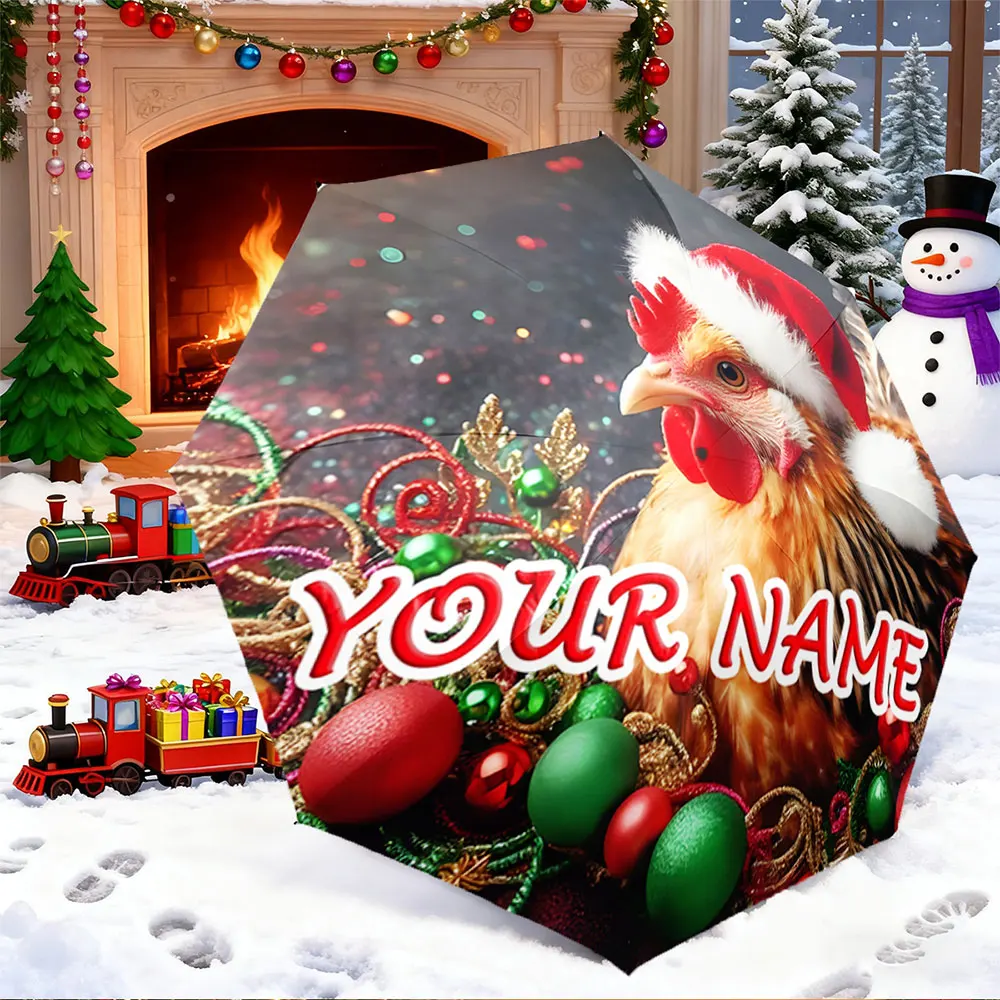 Custom Name Umbrella， Christmas Chicken Umbrella with Santa Hat and Festive Design ,Portable Folding Umbrella, Christmas Gift