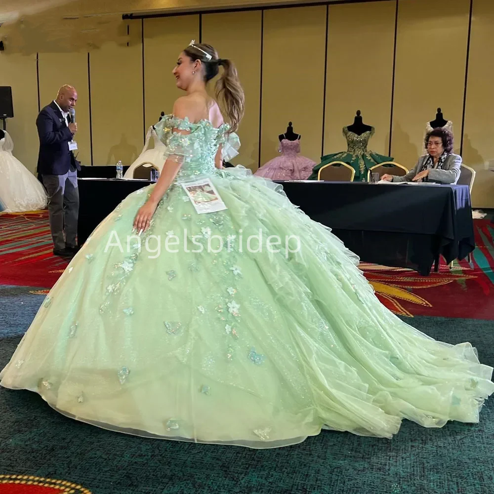 Angelsbridep-Vestido Quinceanera de tule, vestido de baile romântico, verde menta, vestidos de noite 15 anos, glitter