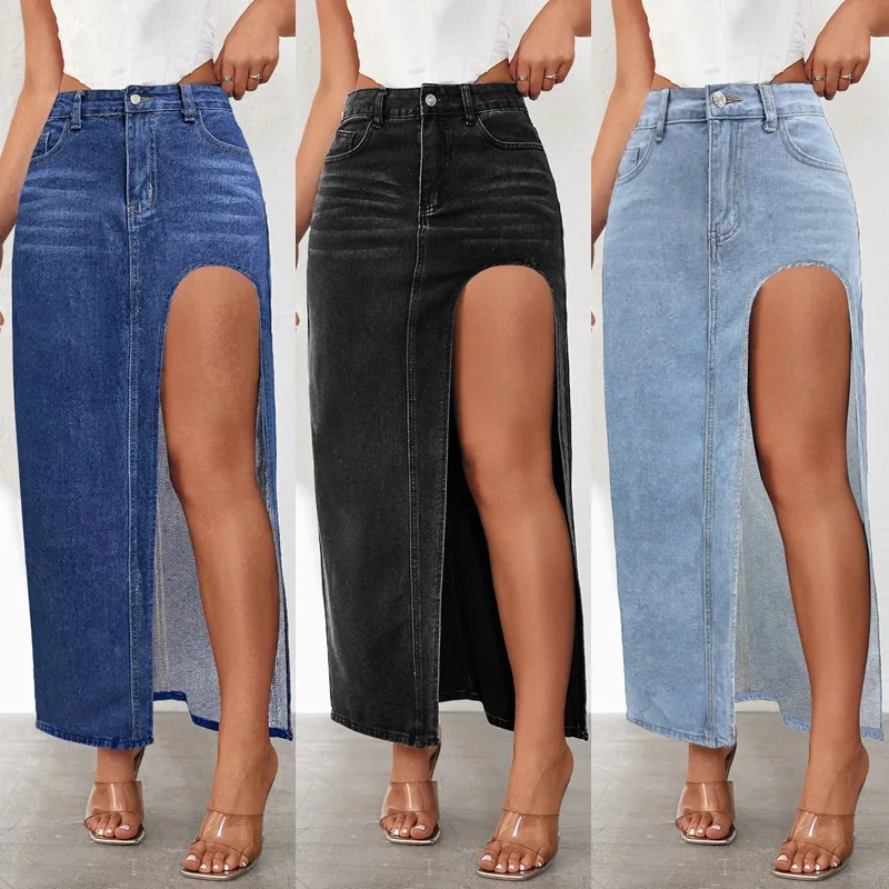 2024 Men's High Slit Denim Skirt Spring and Summer New Washed Solid Color Midi Skirt