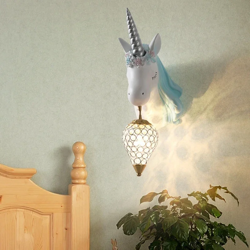 Nordic Personality Unicorn Cute Cartoon Creative Children Room Decor Bedside Lamp Simple Staircase Corridor Study Wall Lamp