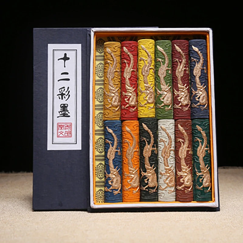 Dragon Pattern Hukaiwen Ink Block Ink Stick Set for Chinese Traditional Pigment Color Calligraphy and Painting Drawing (12 PCS)