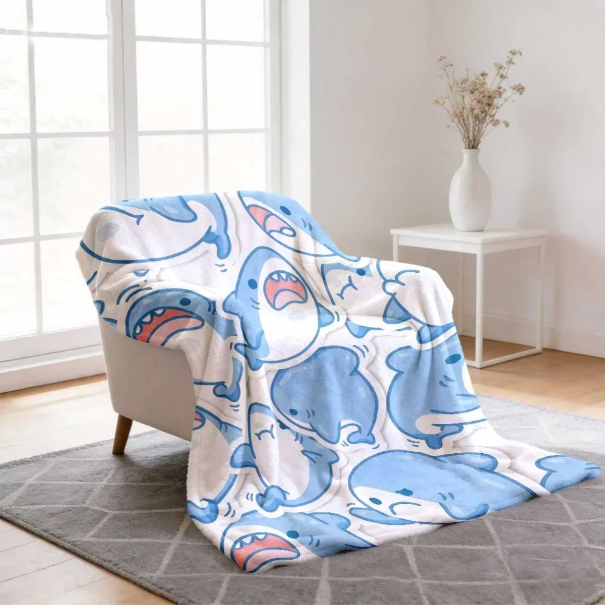 Modern Shark Flannel Blanket for All Seasons, Soft Blue Shark Print (With Smiling, Surprised, And Angry Expressions), Multifunct