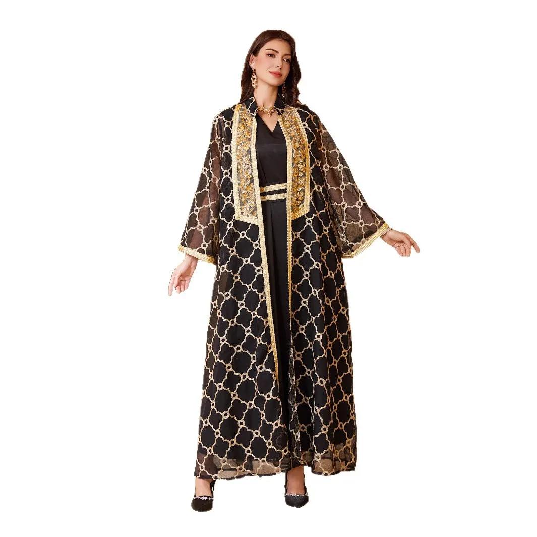 Cross-border foreign trade Amazon heavy industry mesh embroidery splicing gold webbing Muslim dress two-piece set cw65592
