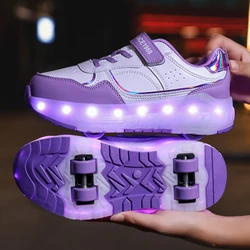 Children LED Light Sneakers 4 Wheels Luminous Shoes with Wheels Lights Rechargeable Girls Boys Women Kids Roller Skates Shoes