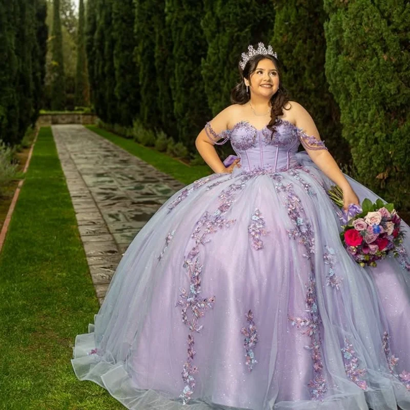 

Lavender Quinceanera Dress off-shoulder Lace Glitter Decal 3D flower Bow Vestidos De 15 Quinceanera ﻿Customize