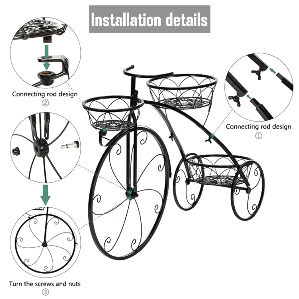 3-Tier Bicycle Plant Stand Wrought Iron Tricycle Planter Home Garden Patio Decor Flower Pots Shelf Indoor Outdoor image 4