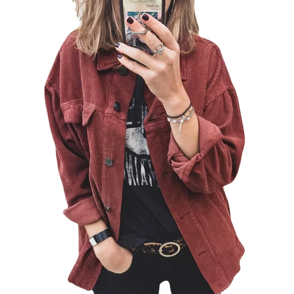 Women's clothing Amazon independent station corduroy solid color breasted casual loose long sleeved shirt for women