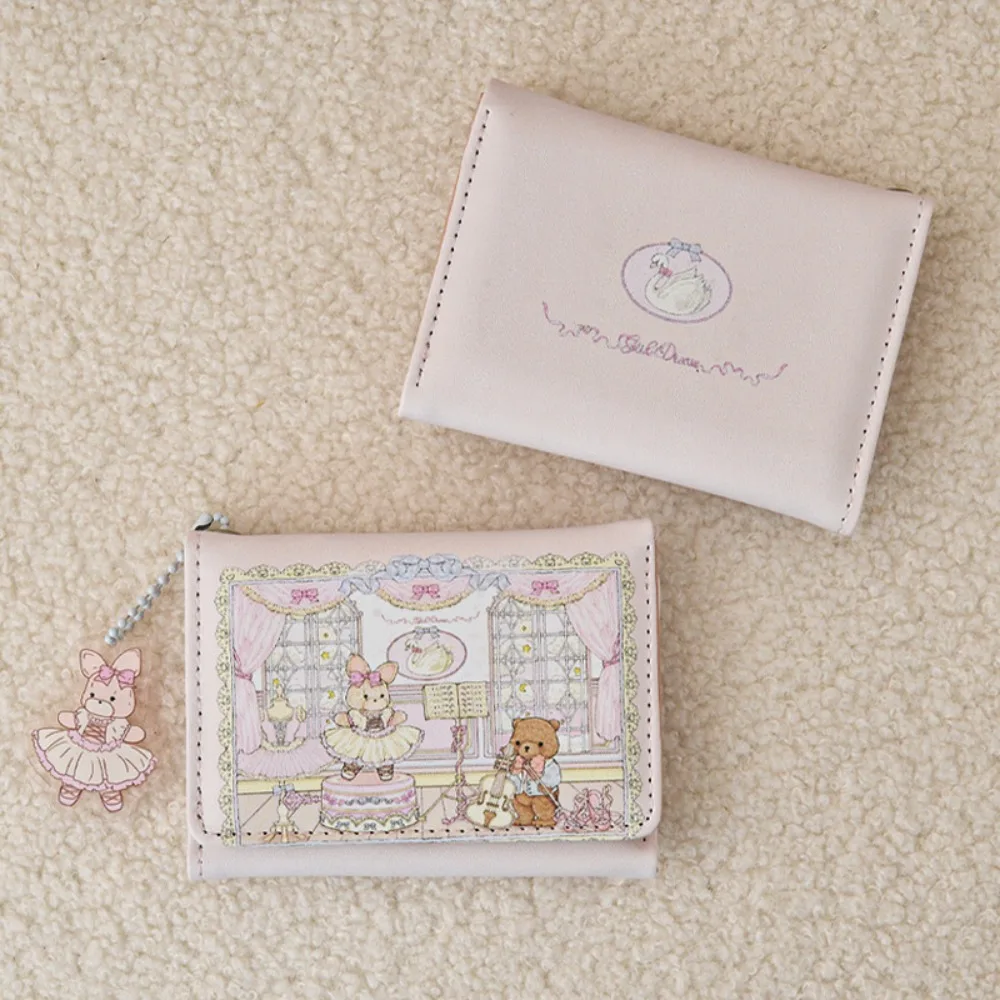 Vintage Bear and Rabbit Short Wallet Multi Slot Portable Money Bag PU Coin Purse Girl