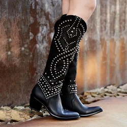 Women Boots Black Western Boots Chunky Heel Fashion Rivet Pointed Toe Cowgirl Boots Size 43 Knee High Boots For Female Shoes