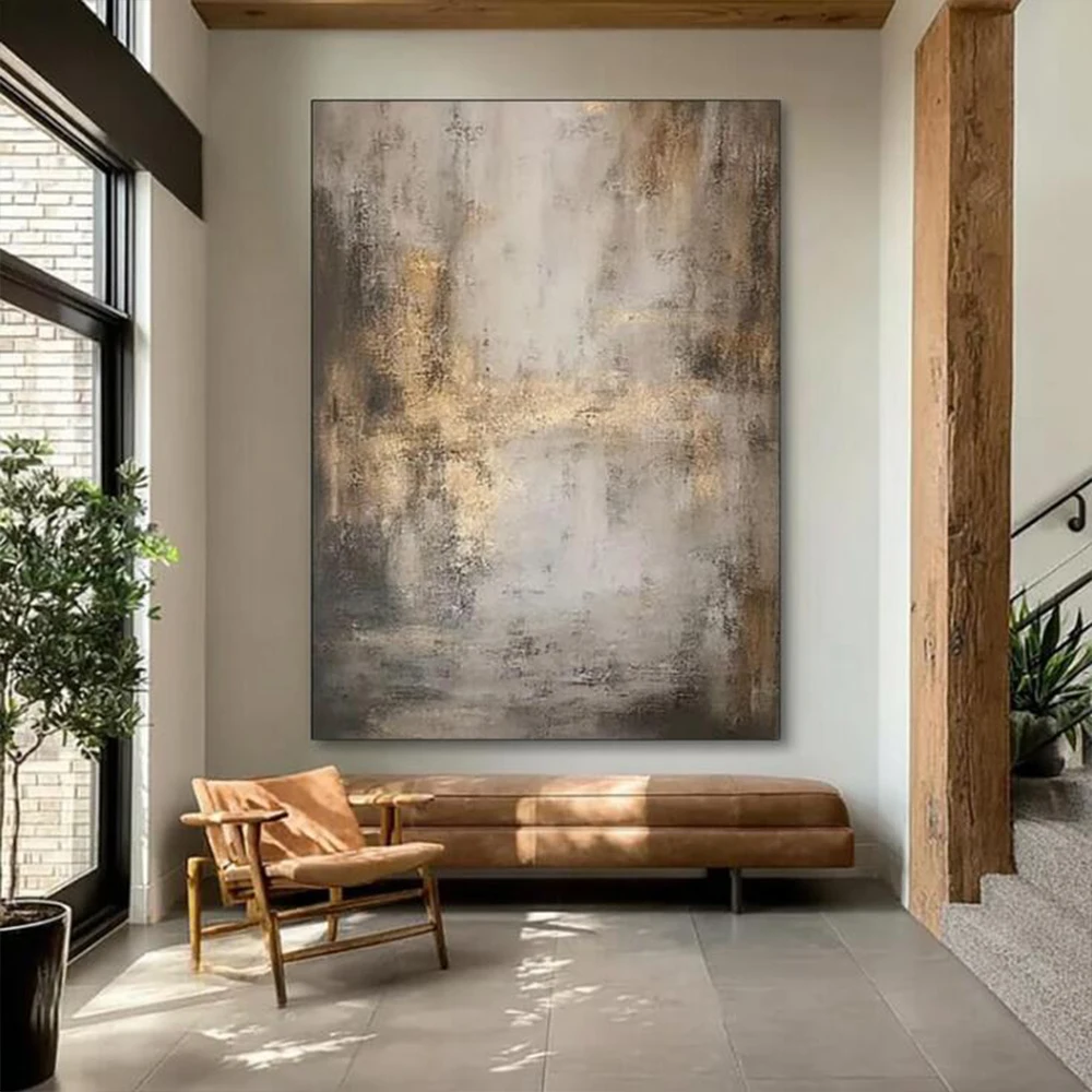 Hand Drawn Abstract Oil Painting Large Gold Gray Thick Textured Wall Art Mural for Home Living Room Decor 100% Original Artwork