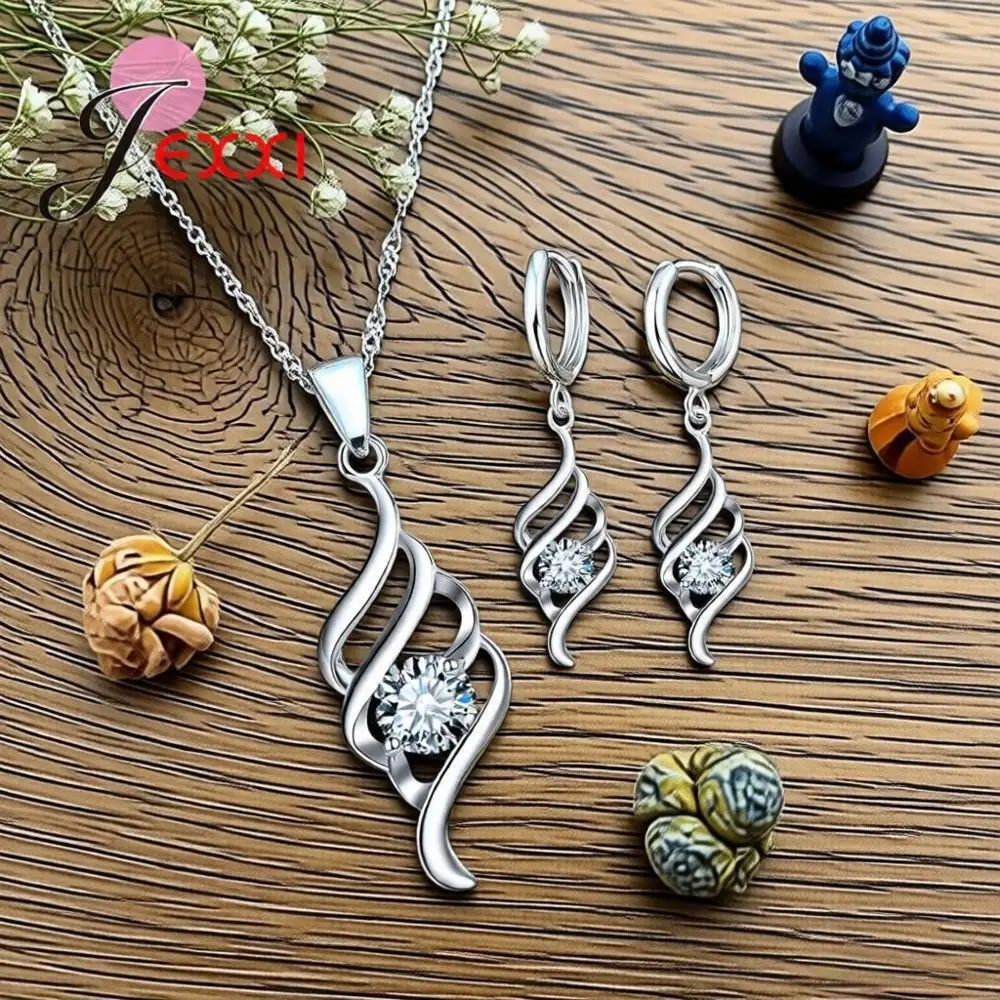 

Simple 925 Sterling Silver Wings Design Crystal Zircon Necklace Drop Earrings Set for Women Girls Anniversary Party Jewelry Gift