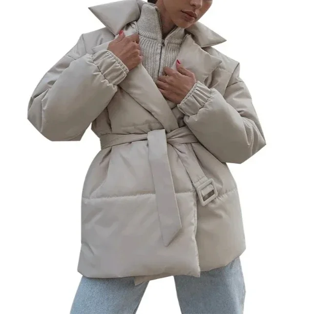 European and American 2024 Winter New thick lapel waist belt slimming solid color cotton-padded jacket coat women