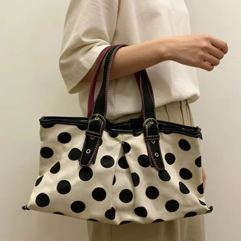 

Retro Polka Dot Canvas Tote Bag Women Large Capacity Waterproof Shoulder Bag Korean Casual Daily Commute Handbag
