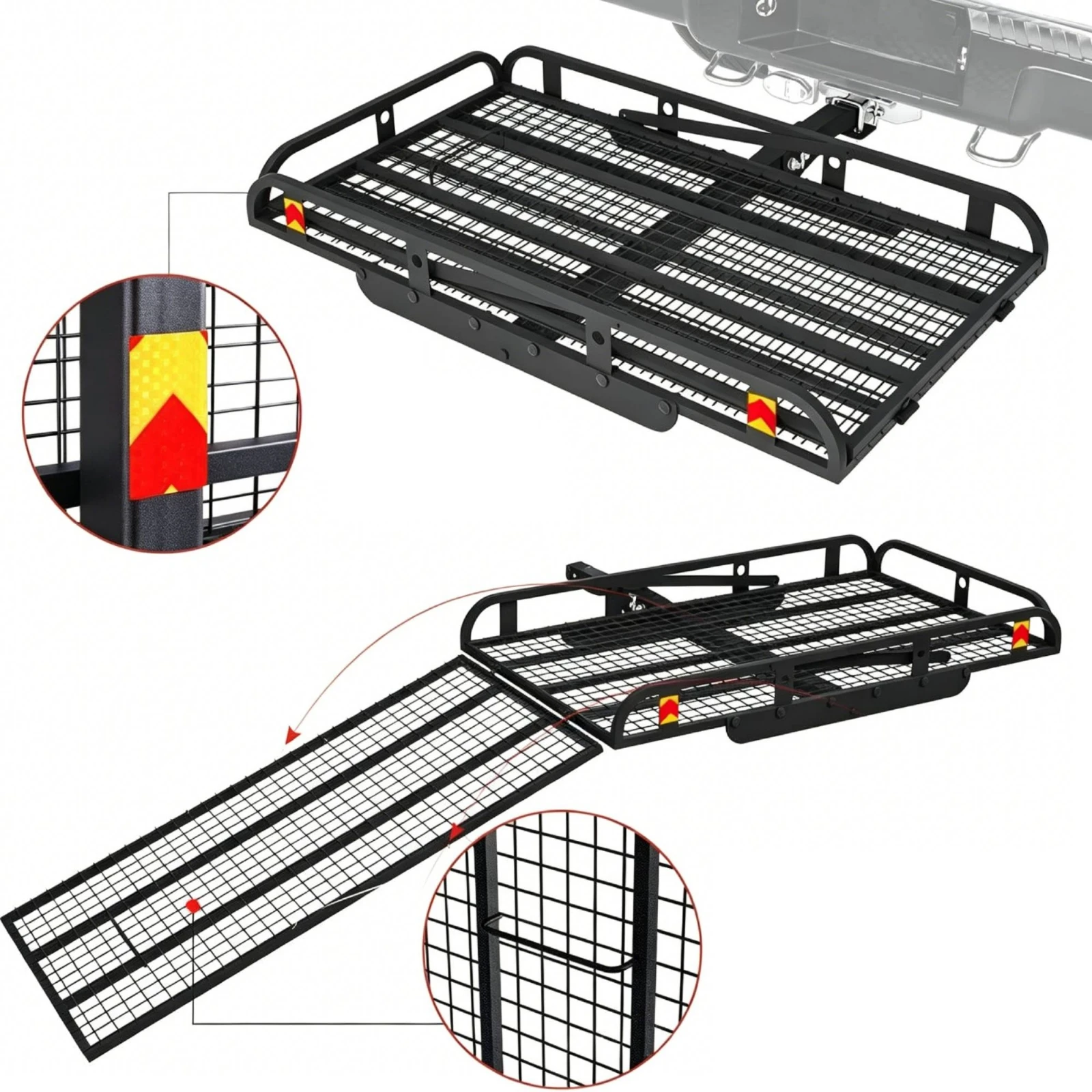 

Ramp-Design Cargo Carrier 500 Lb Capacity Vehicle Hitch Cargo Carrier Vehicle Storage Reflective Safety Stickers
