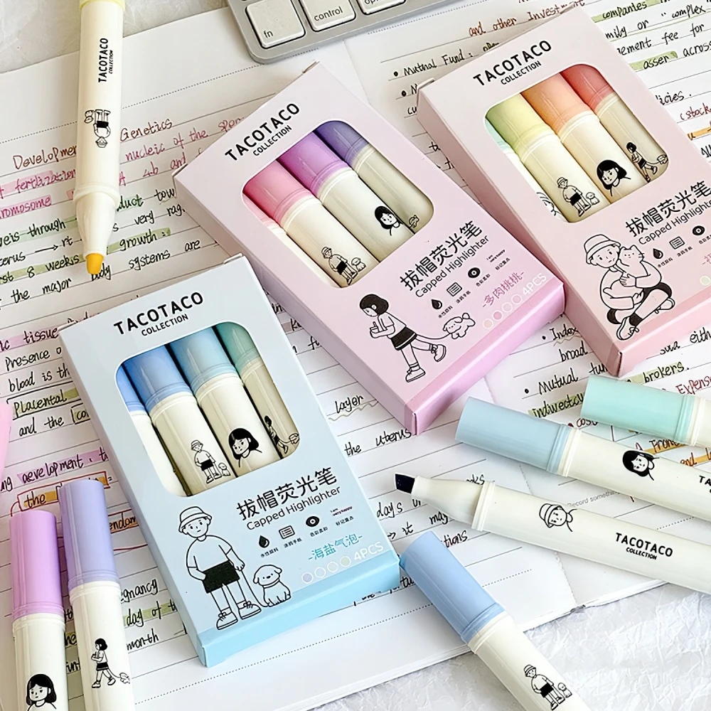 4pcs Tacotaco Color Highlighter Pens Set Cartoon Capped Art Marker for Drawing Painting Office School F7594