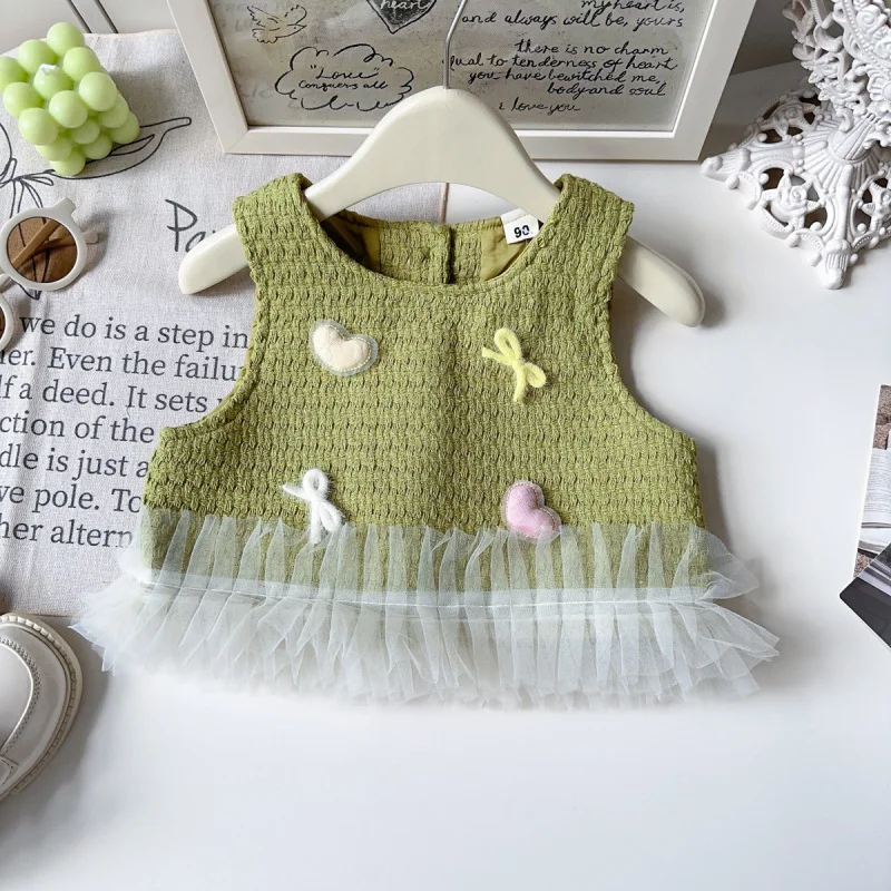 

Girls' Korean Style Outfit Spring and Autumn New Fashionable Baby Girl Mesh Trim Vest and Long Pants Two-Piece Set