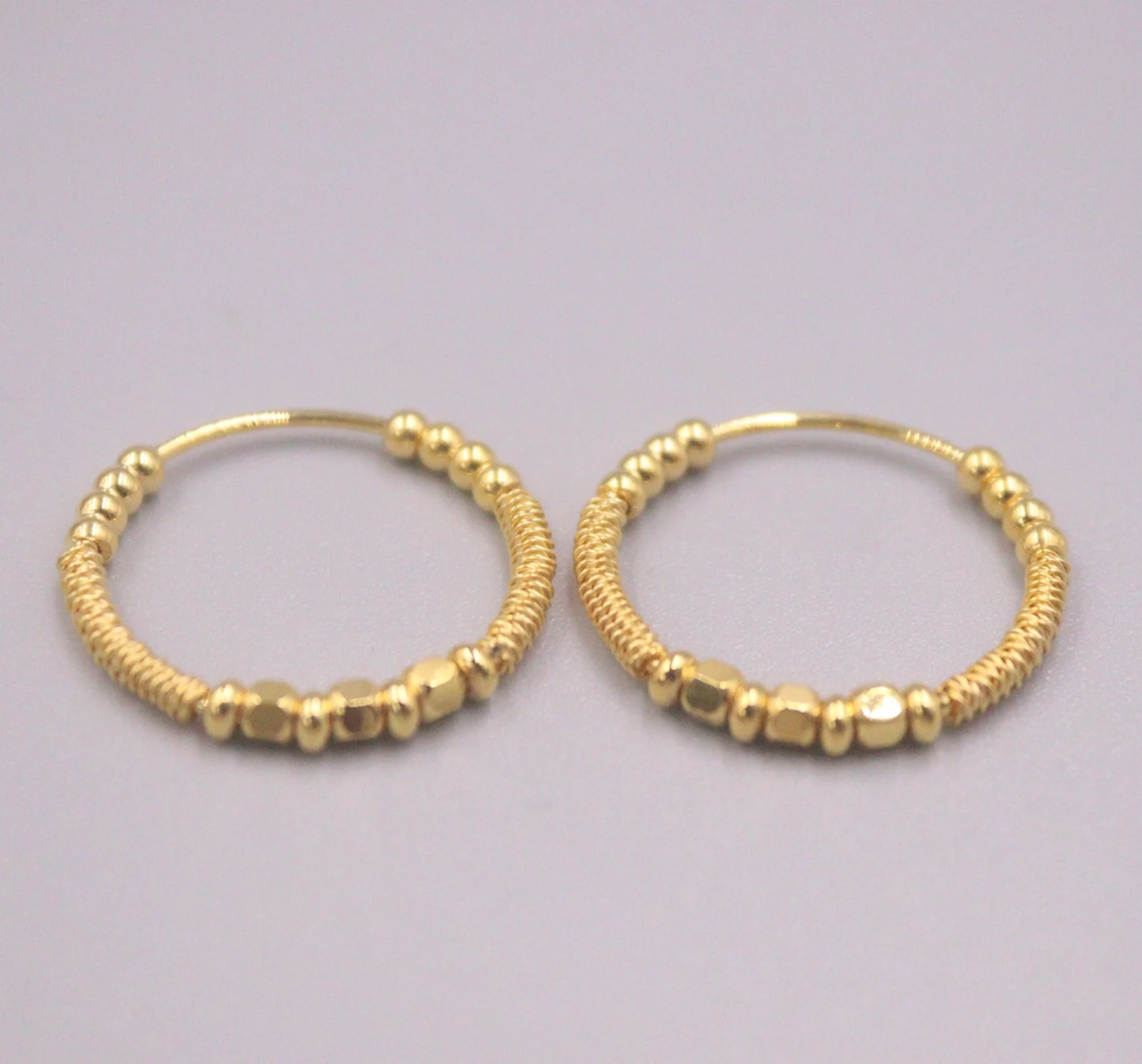 Real Pure 18K Yellow Gold Hoop Women Lucky Square Round Bead Circle Earrings 2.5g