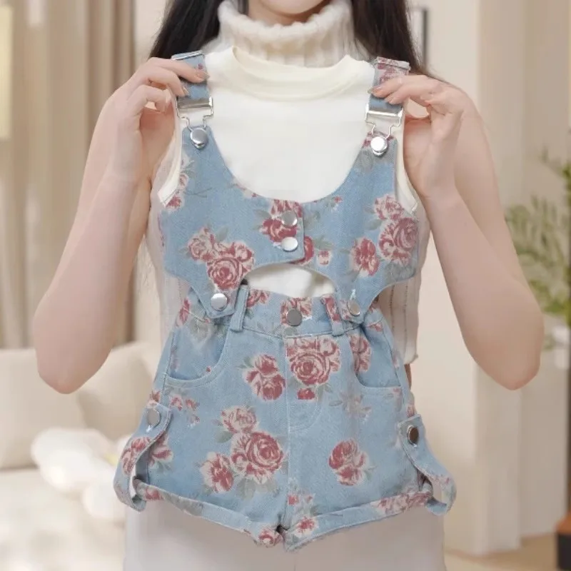 

TOY-2025Summer New Girls' Outfit Sleeveless Vest Fashionable Floral Strap Denim Shorts Three-Piece Set Trendy